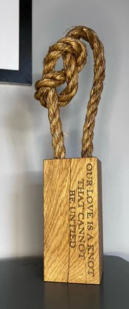 Solid Oak Door Stop, Romantic Message Engraved, Special Knot Detail.