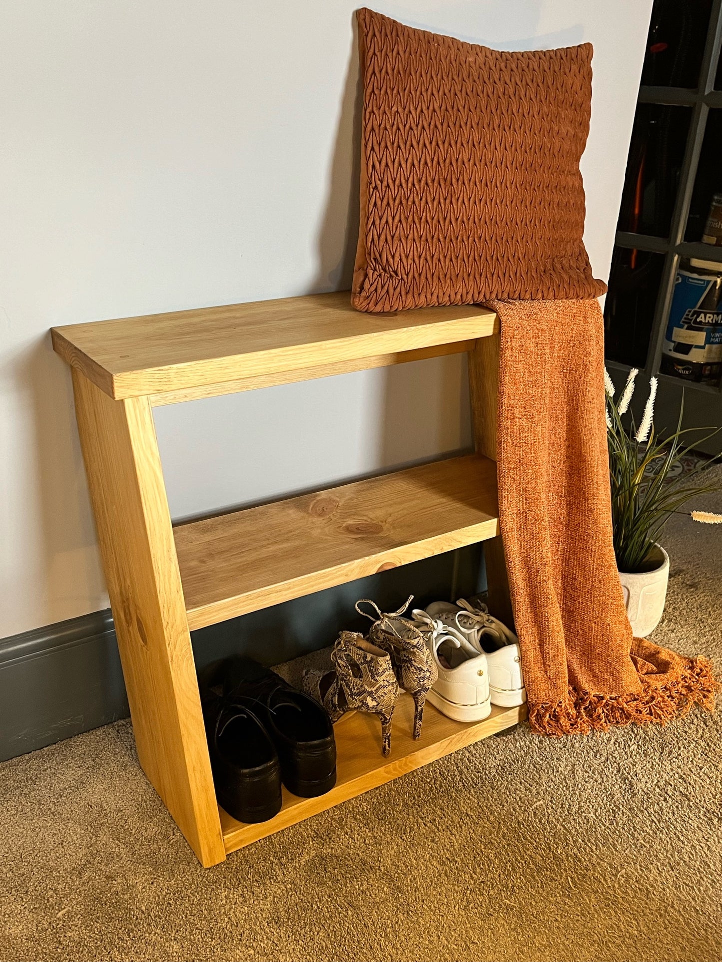 Rustic Pine Shoe Rack. Unique Space Saving Design. Handmade From Solid Pine With A Waxed Protective Finish. Various Sizes Available.