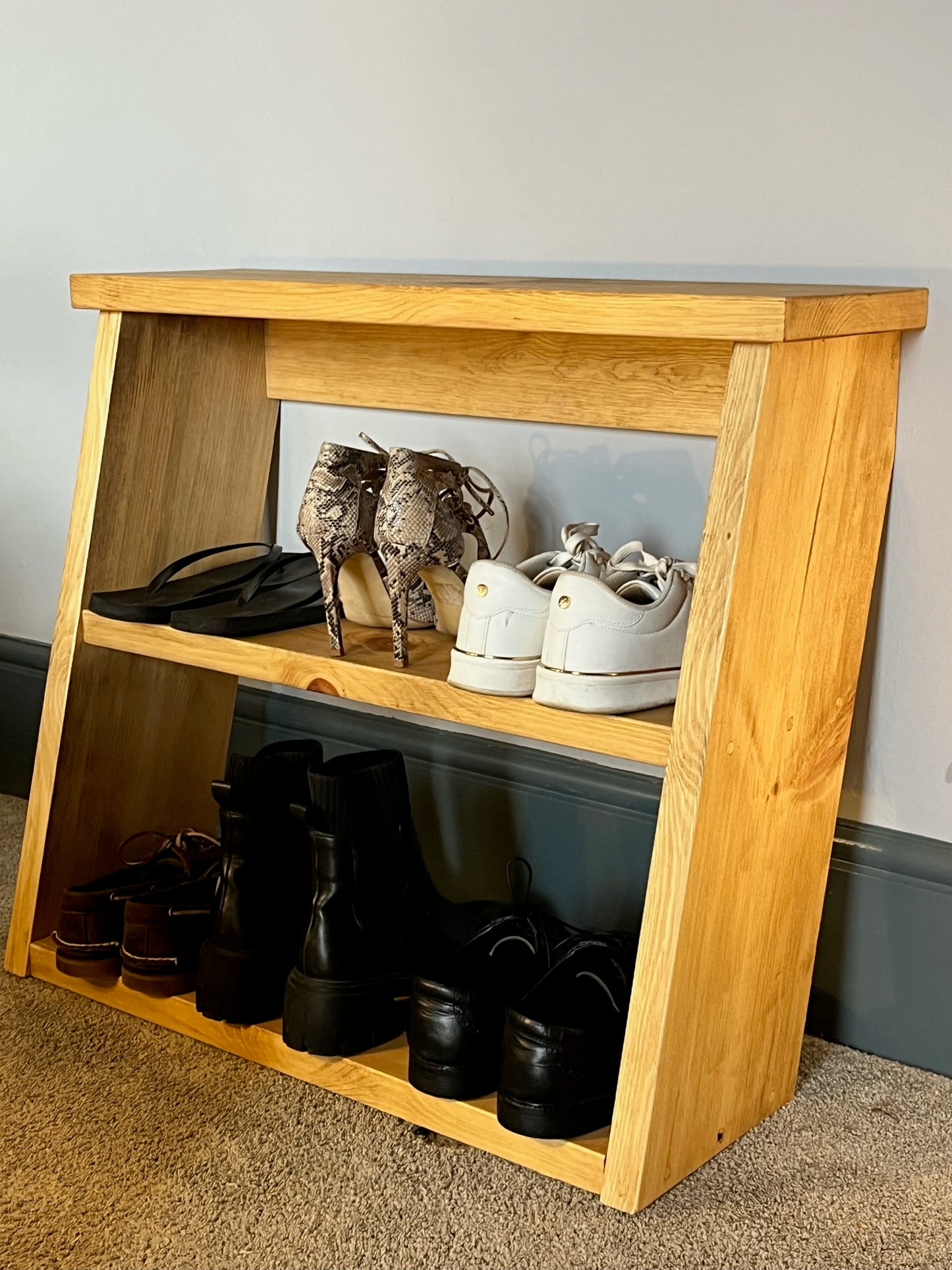 Rustic Pine Shoe Rack. Unique Space Saving Design. Handmade From Solid Pine With A Waxed Protective Finish. Various Sizes Available.