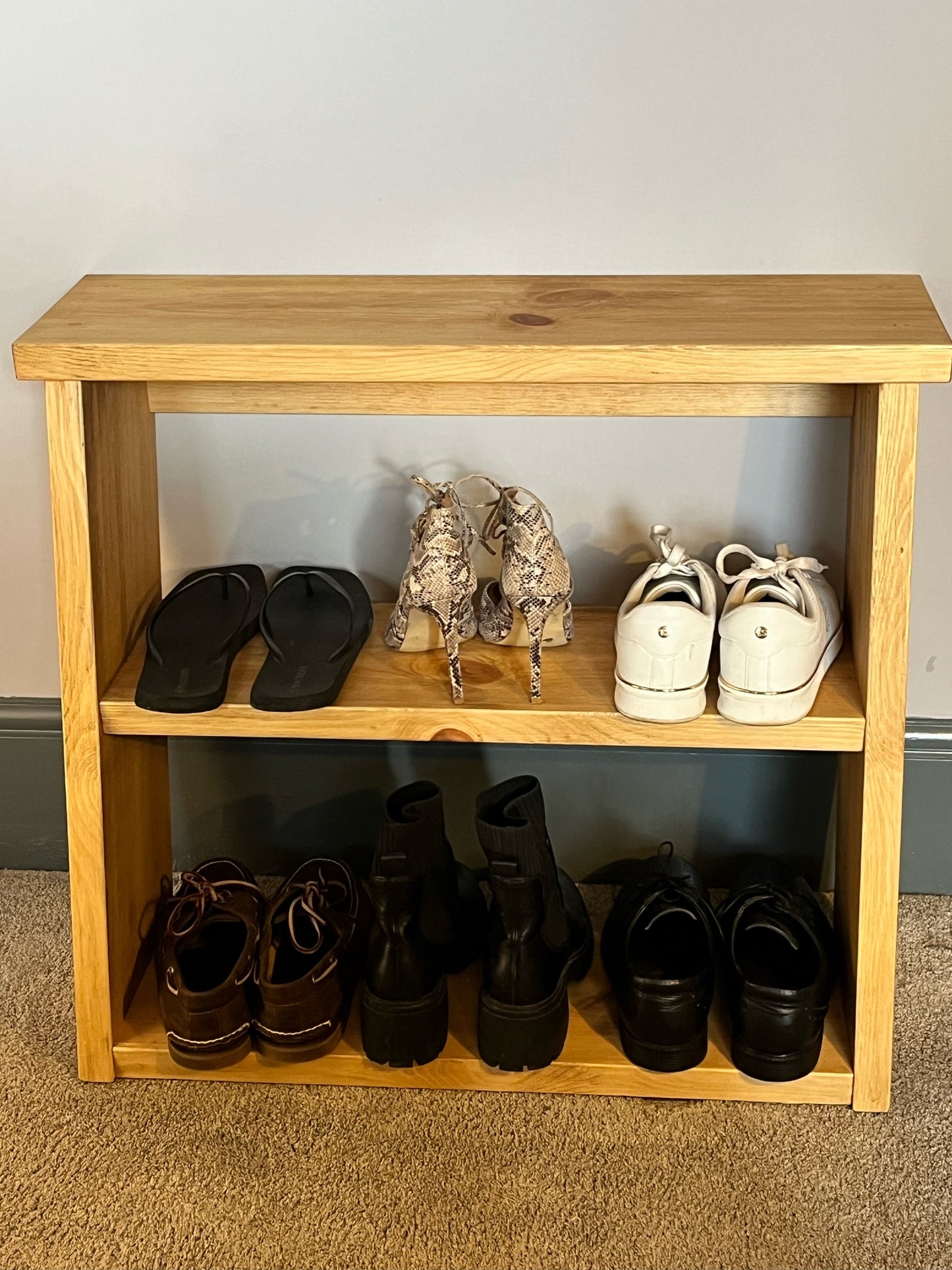 Rustic Pine Shoe Rack. Unique Space Saving Design. Handmade From Solid Pine With A Waxed Protective Finish. Various Sizes Available.