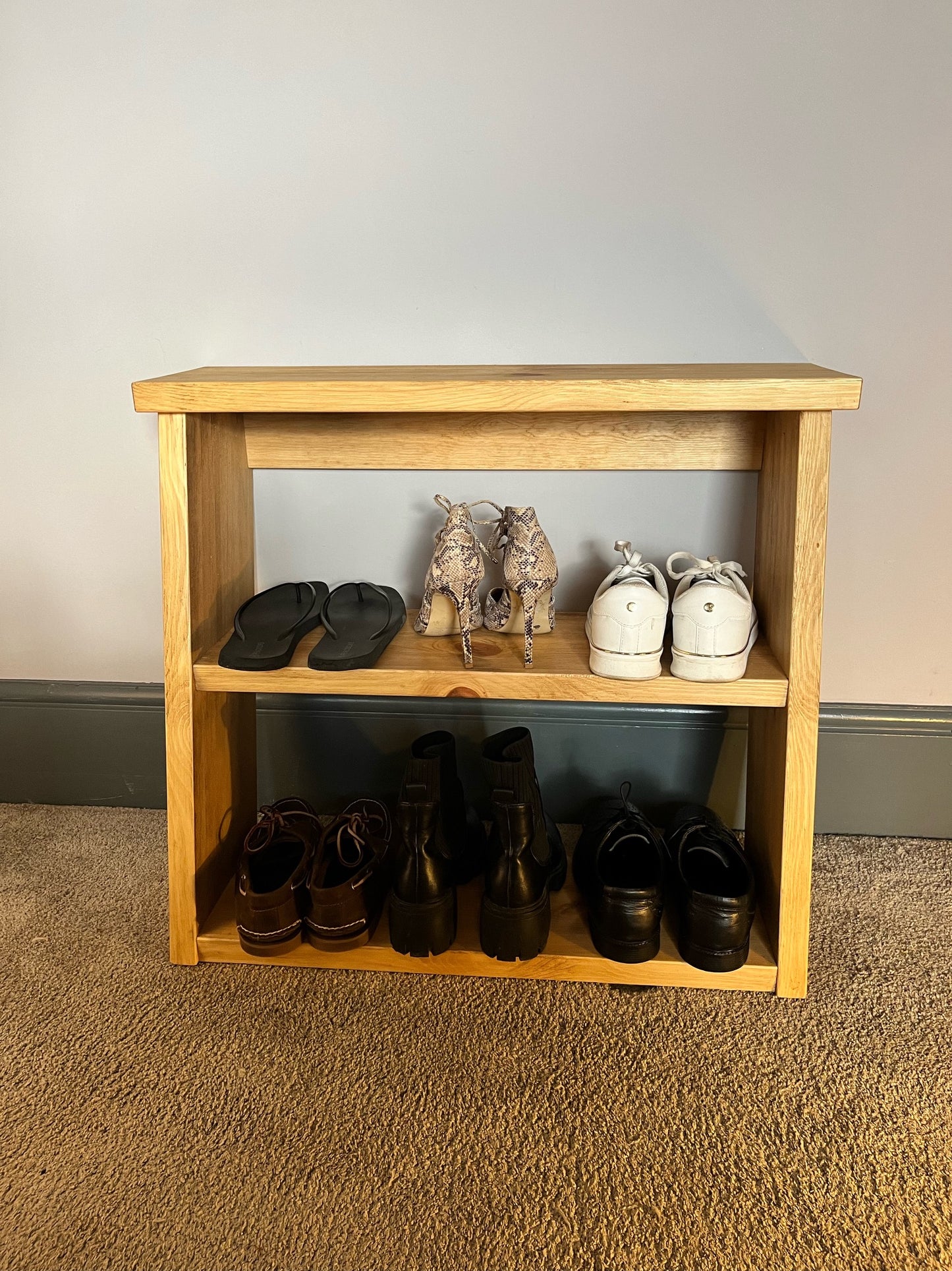 Rustic Pine Shoe Rack. Unique Space Saving Design. Handmade From Solid Pine With A Waxed Protective Finish. Various Sizes Available.