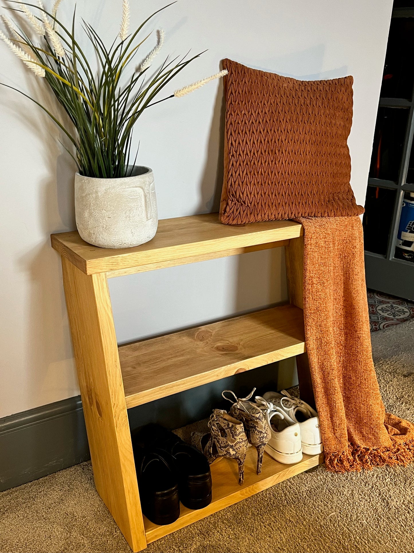 Rustic Pine Shoe Rack. Unique Space Saving Design. Handmade From Solid Pine With A Waxed Protective Finish. Various Sizes Available.