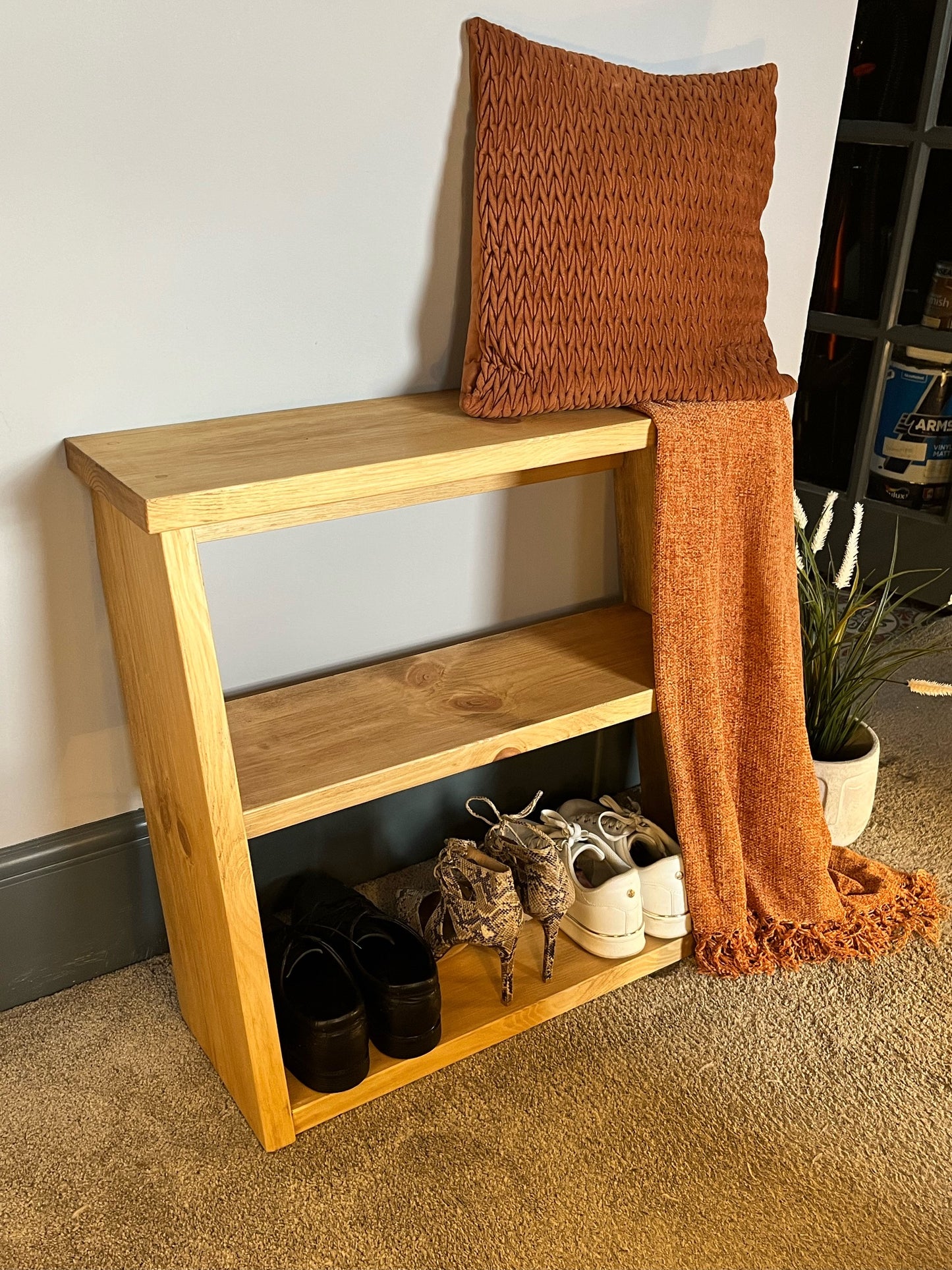 Rustic Pine Shoe Rack. Unique Space Saving Design. Handmade From Solid Pine With A Waxed Protective Finish. Various Sizes Available.