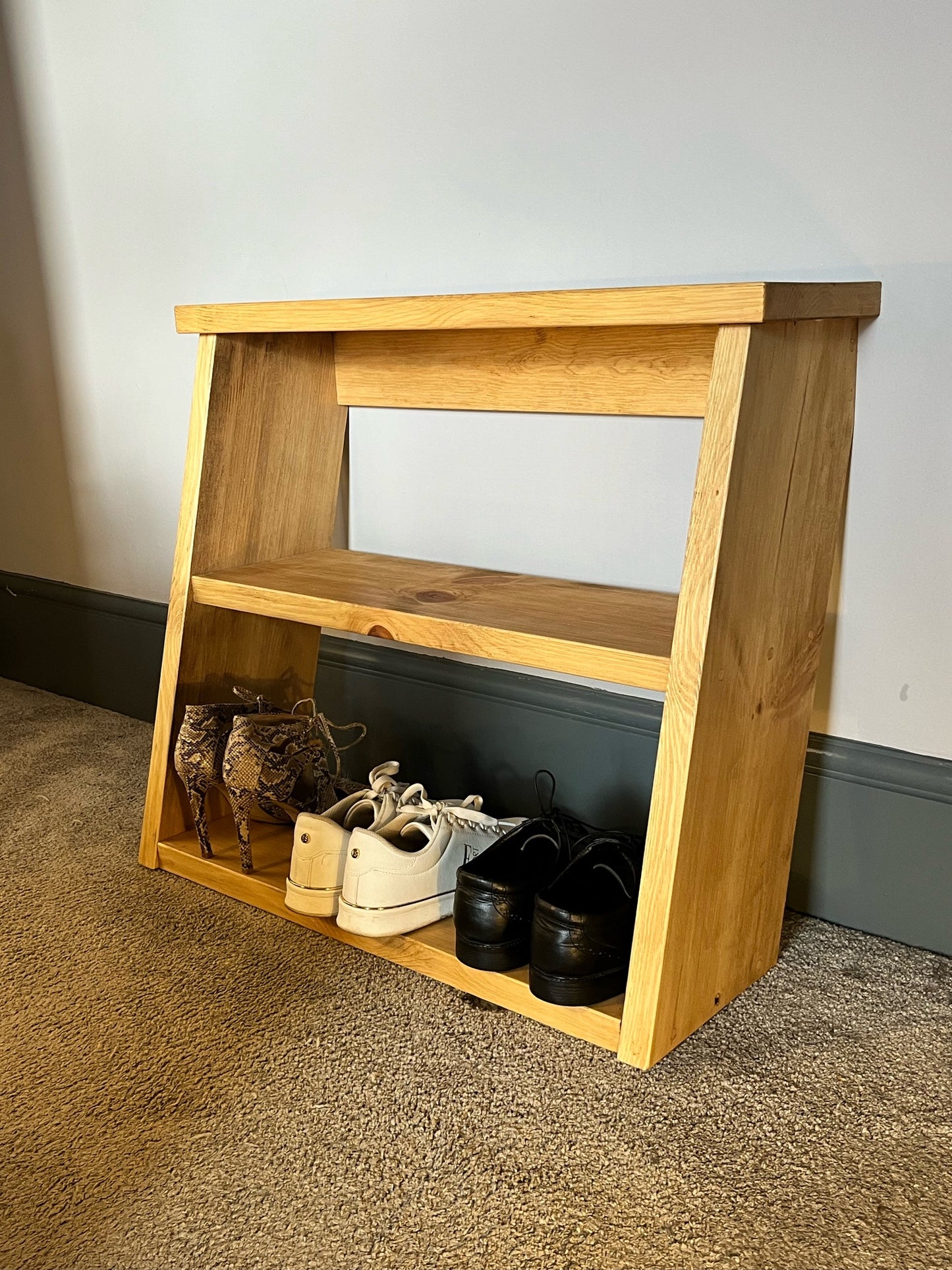 Rustic Pine Shoe Rack. Unique Space Saving Design. Handmade From Solid Pine With A Waxed Protective Finish. Various Sizes Available.