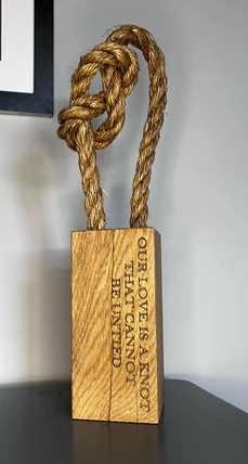 Solid Oak Door Stop, Romantic Message Engraved, Special Knot Detail.